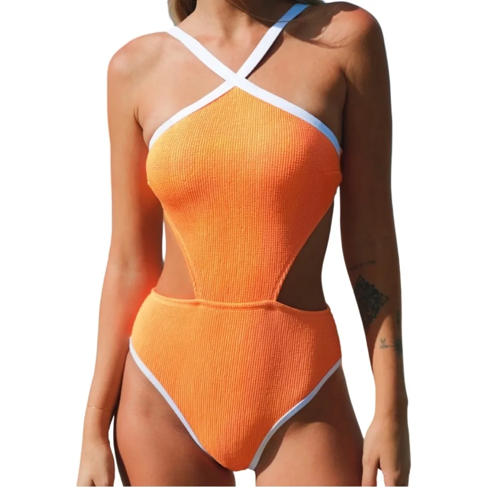 NWT Cupshe Orange‎ Ribbed Cut Out One Piece Swimsuit Med. Beach Resort Vacation